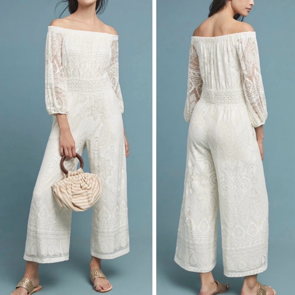 Farm Rio Elliot Off The Shoulder White Lace Jumpsuit L